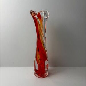 Vintage Mid Century 9 inch Tall Red Clear Murano Style Glass Bud Vase Mod